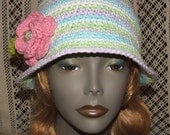 Womens Pastel Cotton Cloche with Vintage Filagree Jewelry and Crocheted Flower