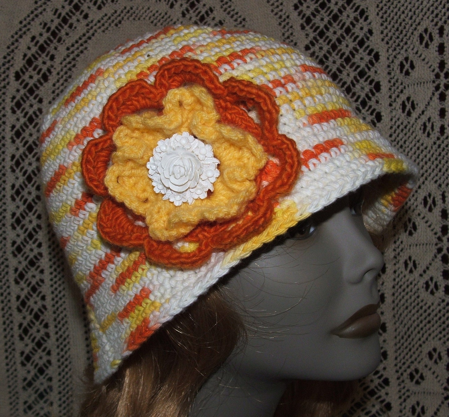 Womens Cotton Cloche with Vintage Rose Button and Crocheted Flower
