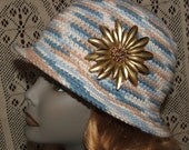 Womens Crocheted Cotton Hat in Blue and Taupe with Vintage Flower Broach