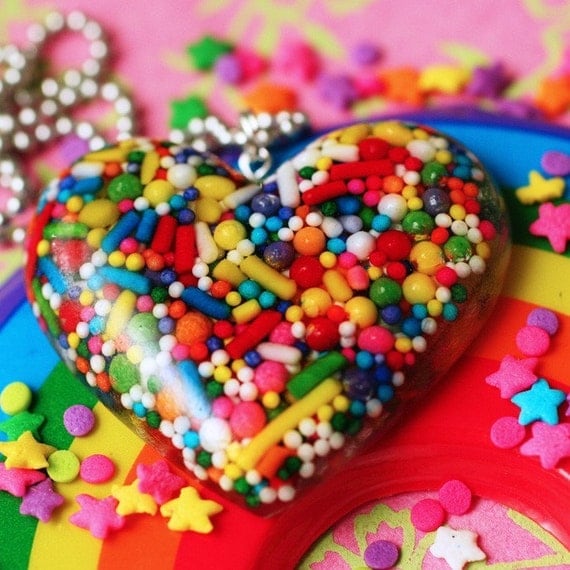 Triple Sweet Heart - Rainbow Candy Sprinkles Resin Necklace