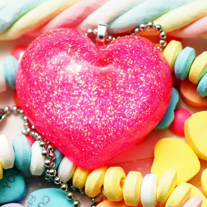 Bubblegum Heart - Resin Hot Pink Puffy Necklace