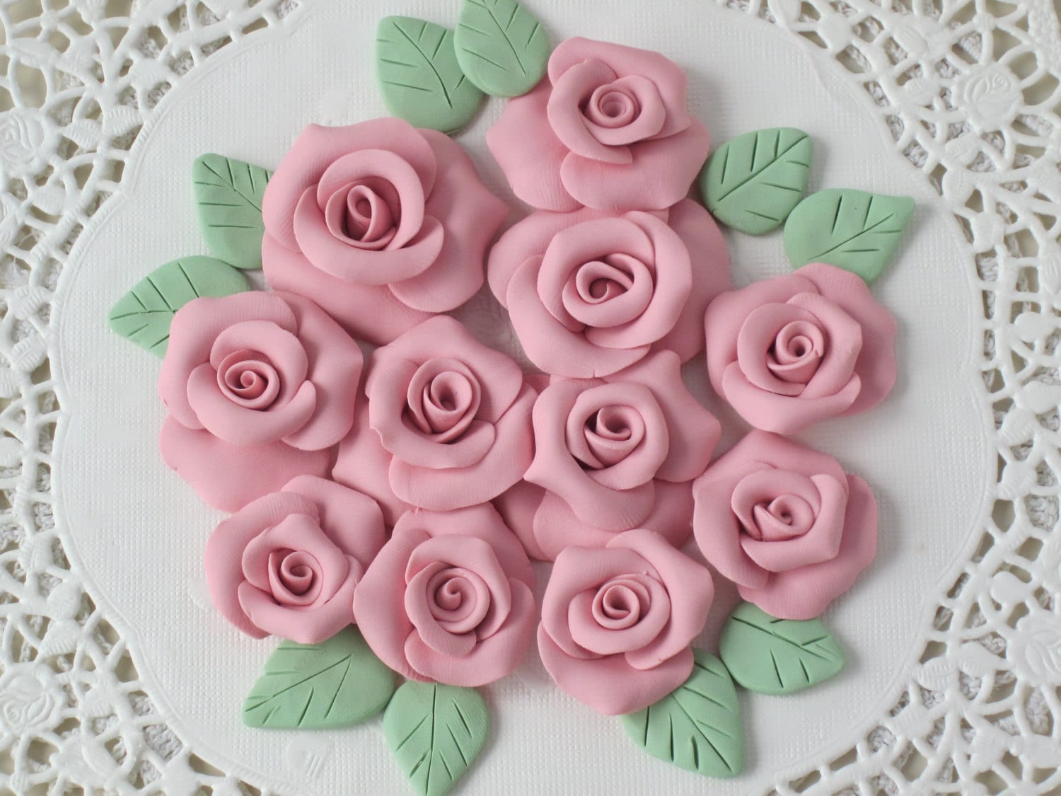 10 Pink Handmade Polymer Clay Roses W Leaves By Rosechicfriends