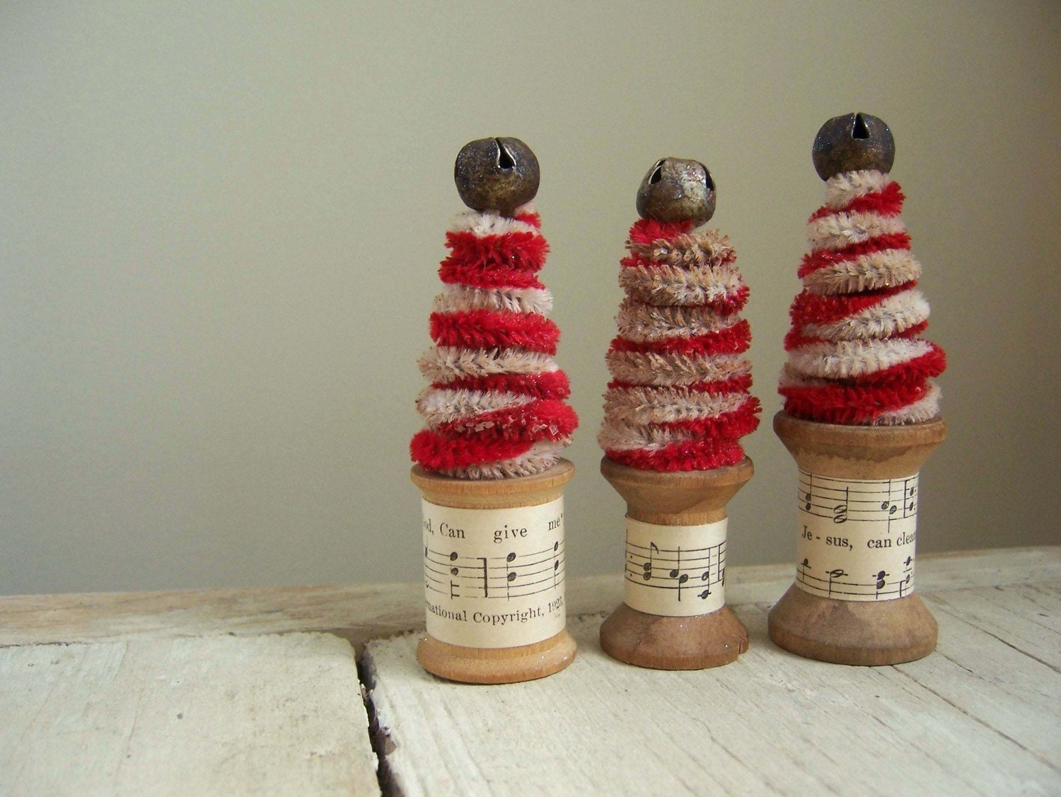 Candy Cane Christmas Trees With Vintage Thread Spools - Set of 3