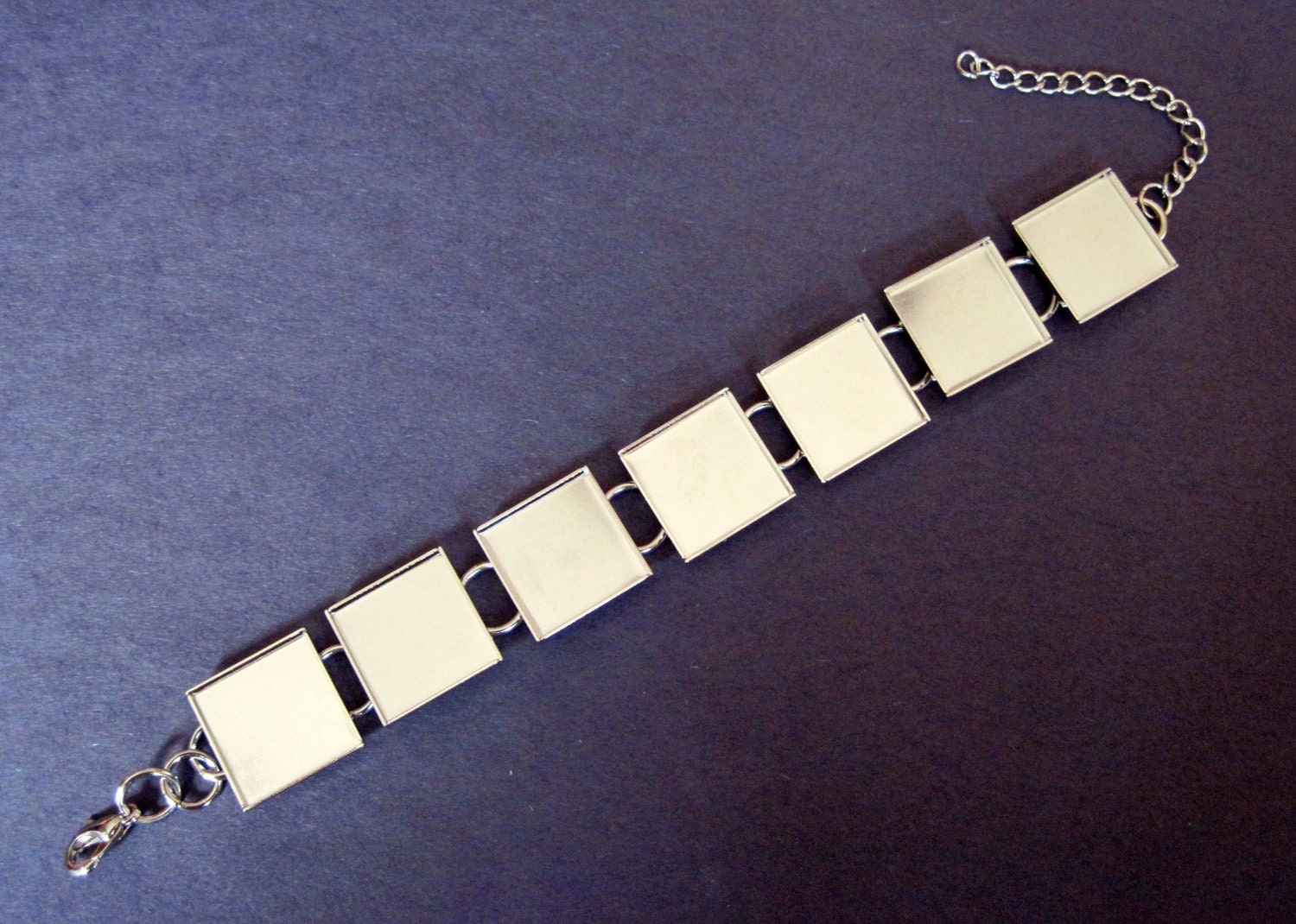 1 Silver Plated Bracelet Blank with 16mm Square Bezels for Glass, Glaze, Resin, Epoxy, Photo Jewelry, Stone, Gemstone, Cabochons, Beads