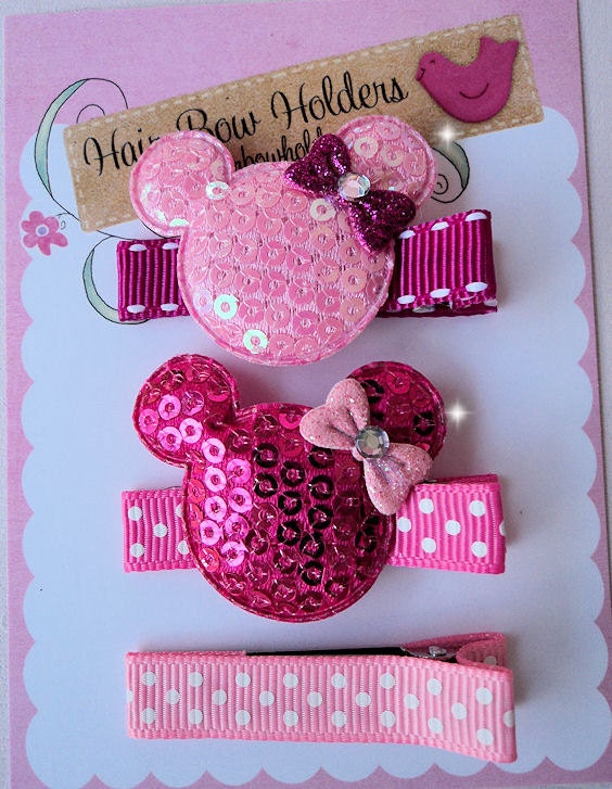 MINNIE MOUSE mickey Gift SET of 3 Hair Clips - Hot Pink Shiny Bling ... Super Cute set