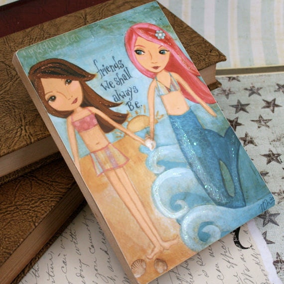 Children Art- Wooden Art Block Mermaid Mixed Media Art Childrens Art Beach Decor 5 x 7