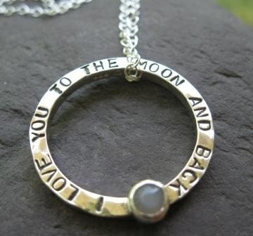 I love you to the moon and back . Hammered Sterling Silver Circle Pendant with natural grey moonstone . chain included . made to order