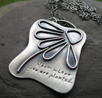 sterling silver line art daisy pendant . (( Bloom Where You Are Planted )) . oxidized chain included . READY TO SHIP