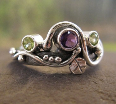 RESERVED for Athenianaire . sterling silver with natural amethyst and peridot . (( Secret Garden Ring )) . Ready To Ship in size 8