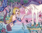Unicorn Mermaid Print - Fantasy Art - 5x7 - Enchanted Forest Spring Fairy - Aliya - by Nikki Burnette