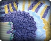 Purple, Yellow & White Dish Clothes, Set of 7, Hand Knit 100% Cotton