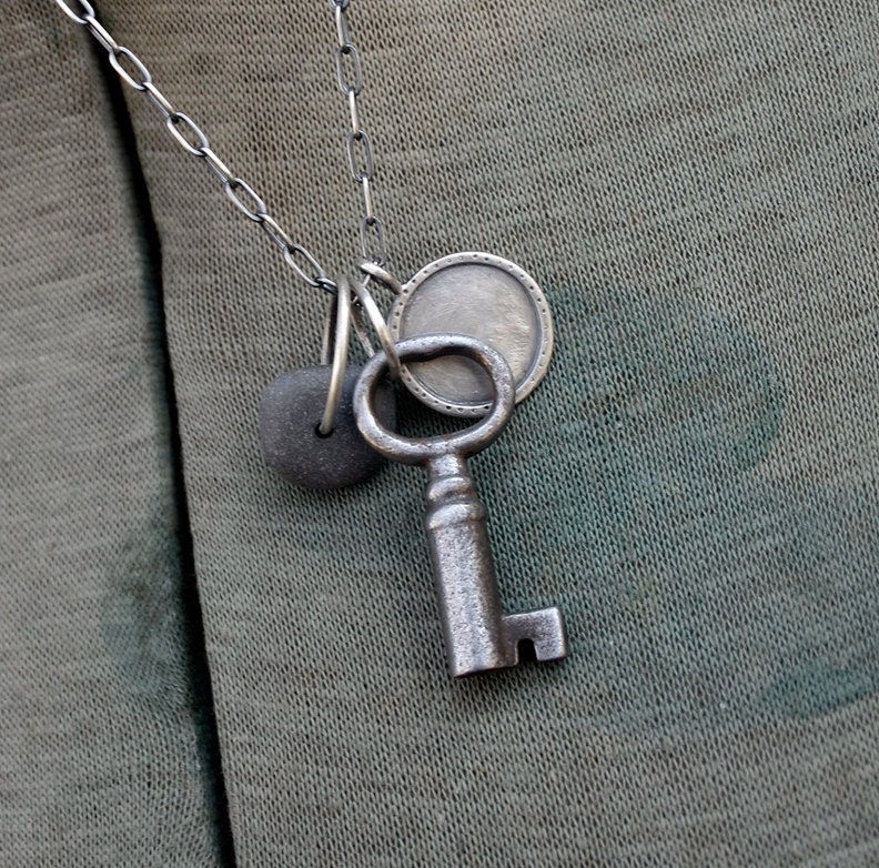 Charm Necklace Personalized Vintage Key Beach Stone Sterling Silver -  Just for You