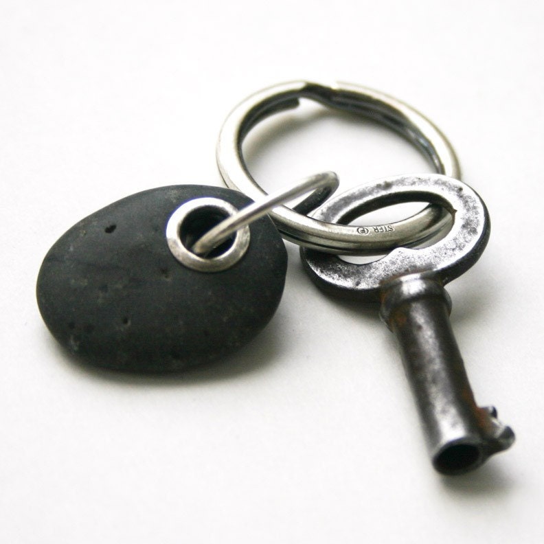 Sterling Key Ring Riveted Beach Stone Vintage Key - Under The Mat