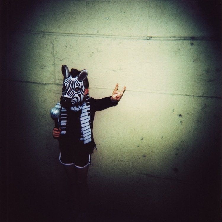equus zebra, 8x10 archival print photograph of girl in animal mask and vintage 1980s scarf and shorts