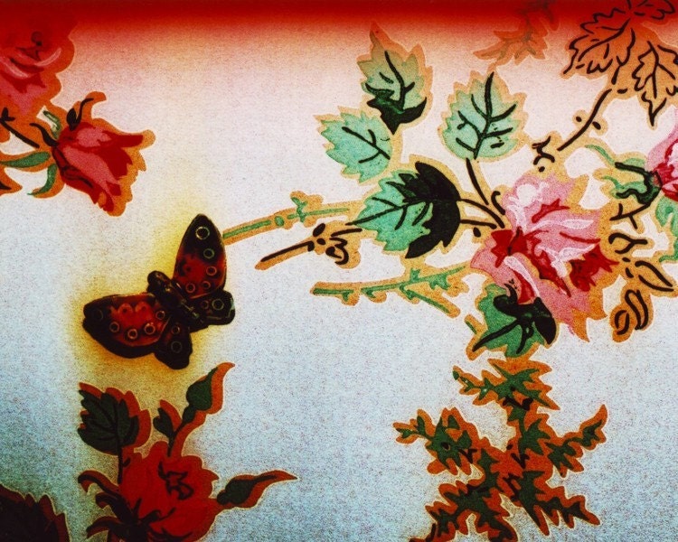 the butterfly, 8x10 archival print photograph of vintage miniature figurine on vintage 1950s floral wallpaper