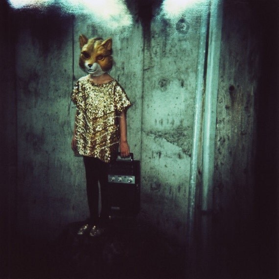 vulpes volpes (fox), 8x10 archival print photograph of girl in animal mask and vintage 1960s beaded gold dress
