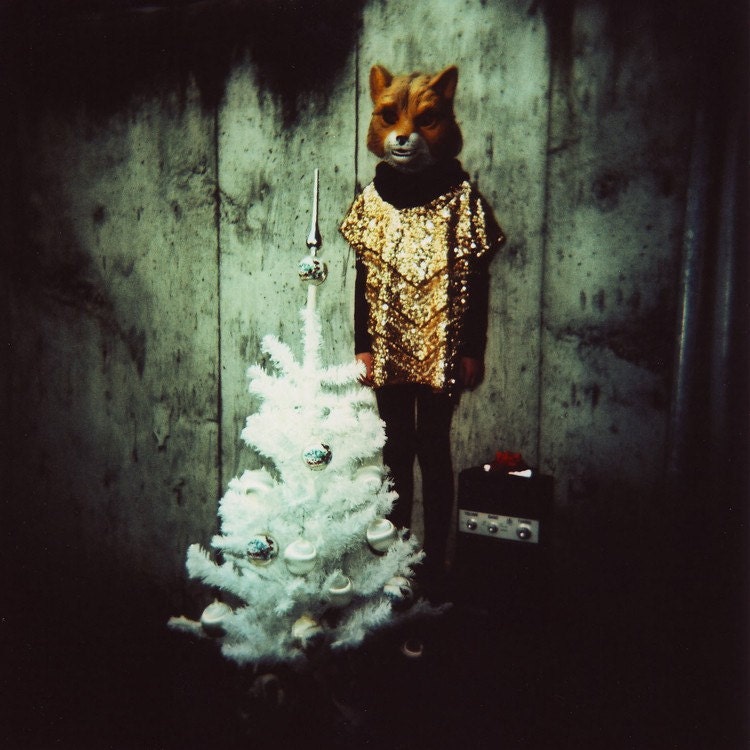xmas fox, 8x10 archival print photograph of girl in animal mask and vintage 1960s beaded dress with christmas tree