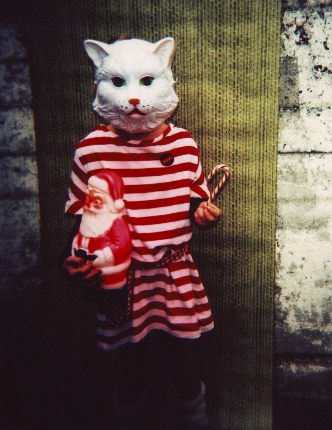 xmas kitty, blank christmas card featuring photograph of girl in cat mask with christmas candy cane and vintage 1950s santa