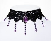 Gothic victorian choker, Beautiful Amethyst pendant with Amethyst Swarovski cascade - ANGELIQUE