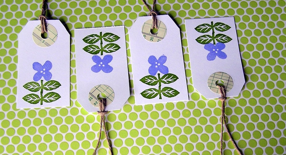 Hand Stamped  Flower Tags set of four (4)