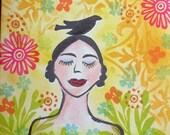 Garden Goddess with Black Bird, Hand Stamped Card with Stamped Envelope