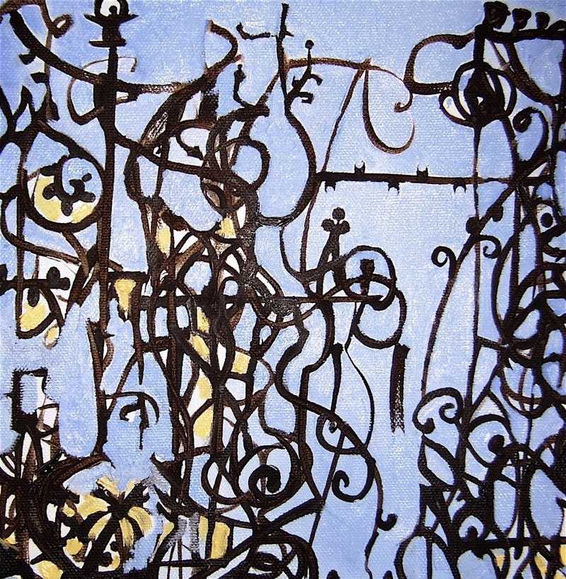 Abstract painting, original fine art, "Dominio Occulto", dark ironwork pattern, light sky blue, high contrast, 12 x 12