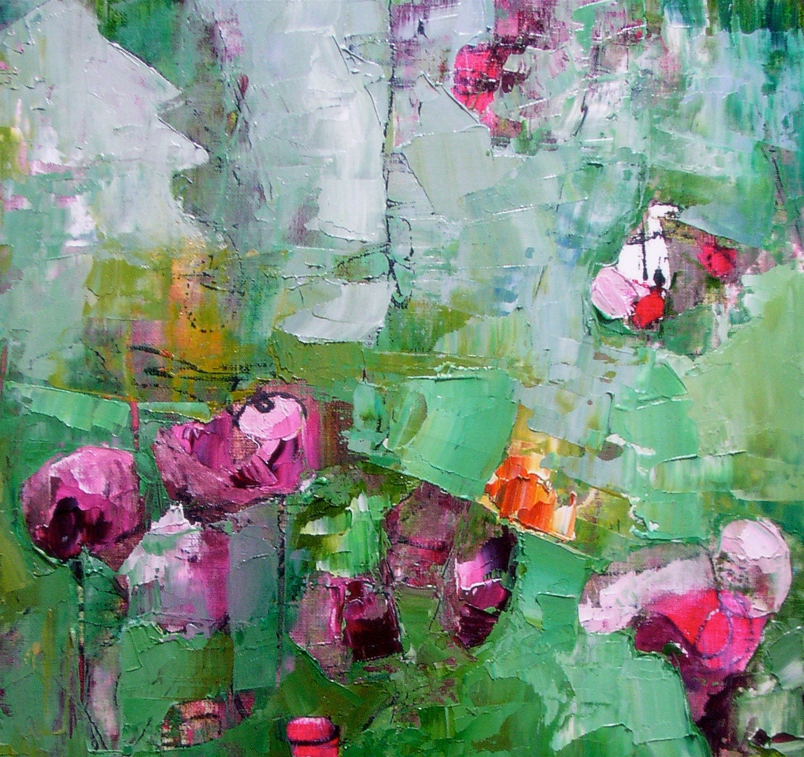 Fine art reproduction print from abstract floral painting, cool green and magenta, violet, pink, small