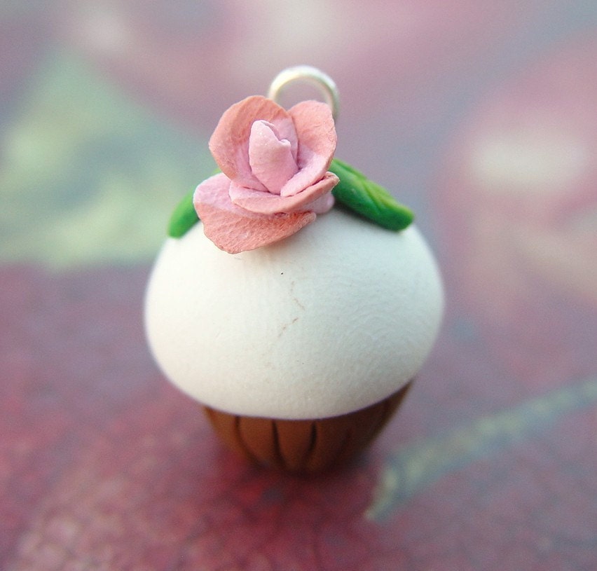 Vanilla  and Chocolate Cupcake Charm with pink rose. Polymer Clay Pendant