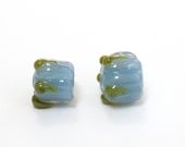Glass Flower Bud Beads Earring Pair Handmade Lampwork Vintage Look Blue