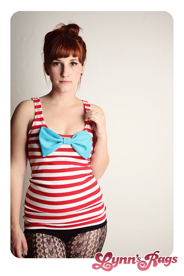 Red White Stripe TANK TOP Teal Bow Shirt LARGE
