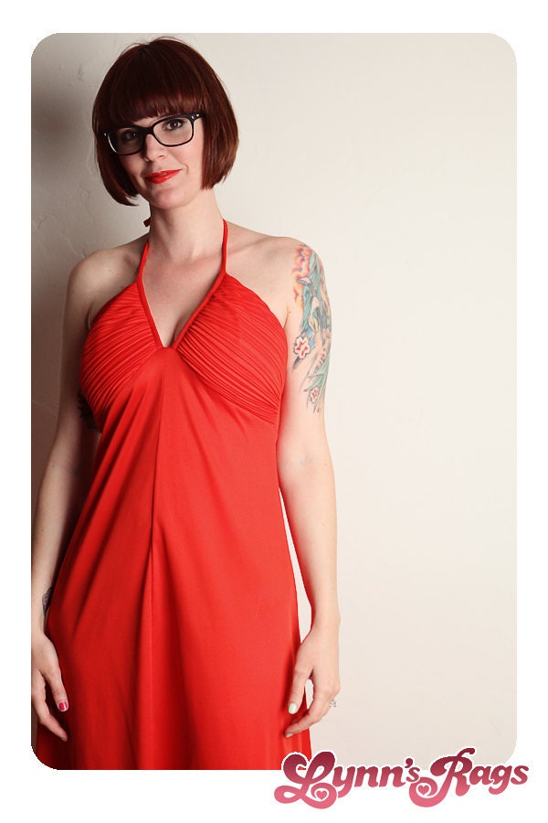 Vintage Red Dress Gown 70s Disco Retro Halter Bolero Sexy