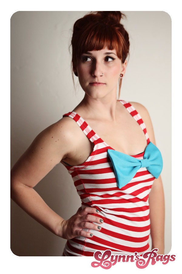 Red White Stripe TANK TOP Teal Bow Shirt LARGE