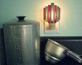 Art Deco Night Light in Red and Turquoise Blue Stained Glass