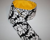 CAMERA Strap Cover - Dslr - Women -  Black Dandy Damask Lemon Yellow with Lens Cap Pocket XcessRize Designs