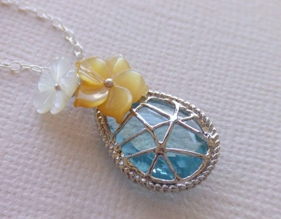 Beach Garden Jewelry Necklace, Yellow White Tropical Flowers, Aqua Teardrop Pendant, Sterling Silver Necklace, Wedding Gift