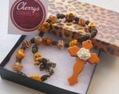 Rodeo Cowgirl Orange Chunky Nugget with Antique Brass Necklace Cross Pendant
