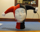 Adult size jester hood hat in red and black