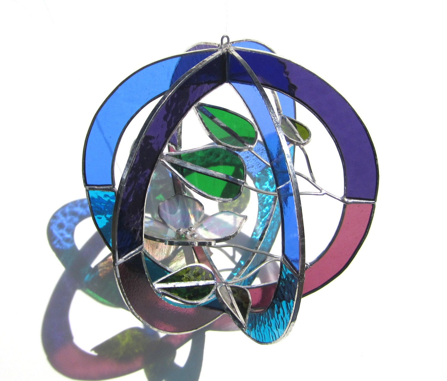 A Touch of Nature - Medium Stained Glass 3D Sphere - Colorful Hanging Dogwood Scene 3Dimensional Nature Scene Home Decoration Suncatcher