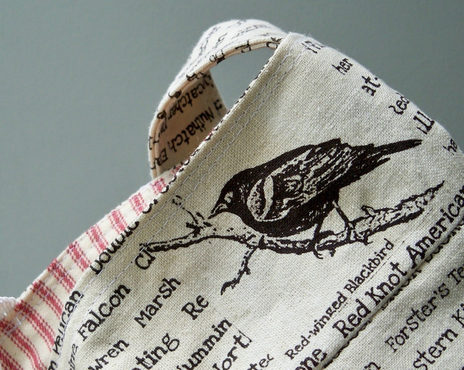Black Bird Bag, Bird Word Bag, Tea Stained, 3 Pockets, Cotton Ticking, Key Fob