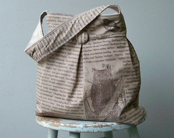 Brown Bird Bag, Wren Owl Blue Jay Egret , Tobacco, 3 pockets, Key Fob, Non Reversible