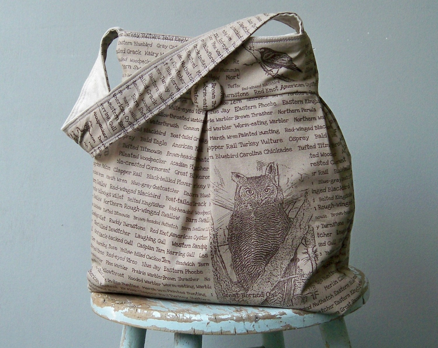 Brown Bird Bag, Wren Owl Blue Jay Egret , Tobacco, 3 pockets, Key Fob, Non Reversible