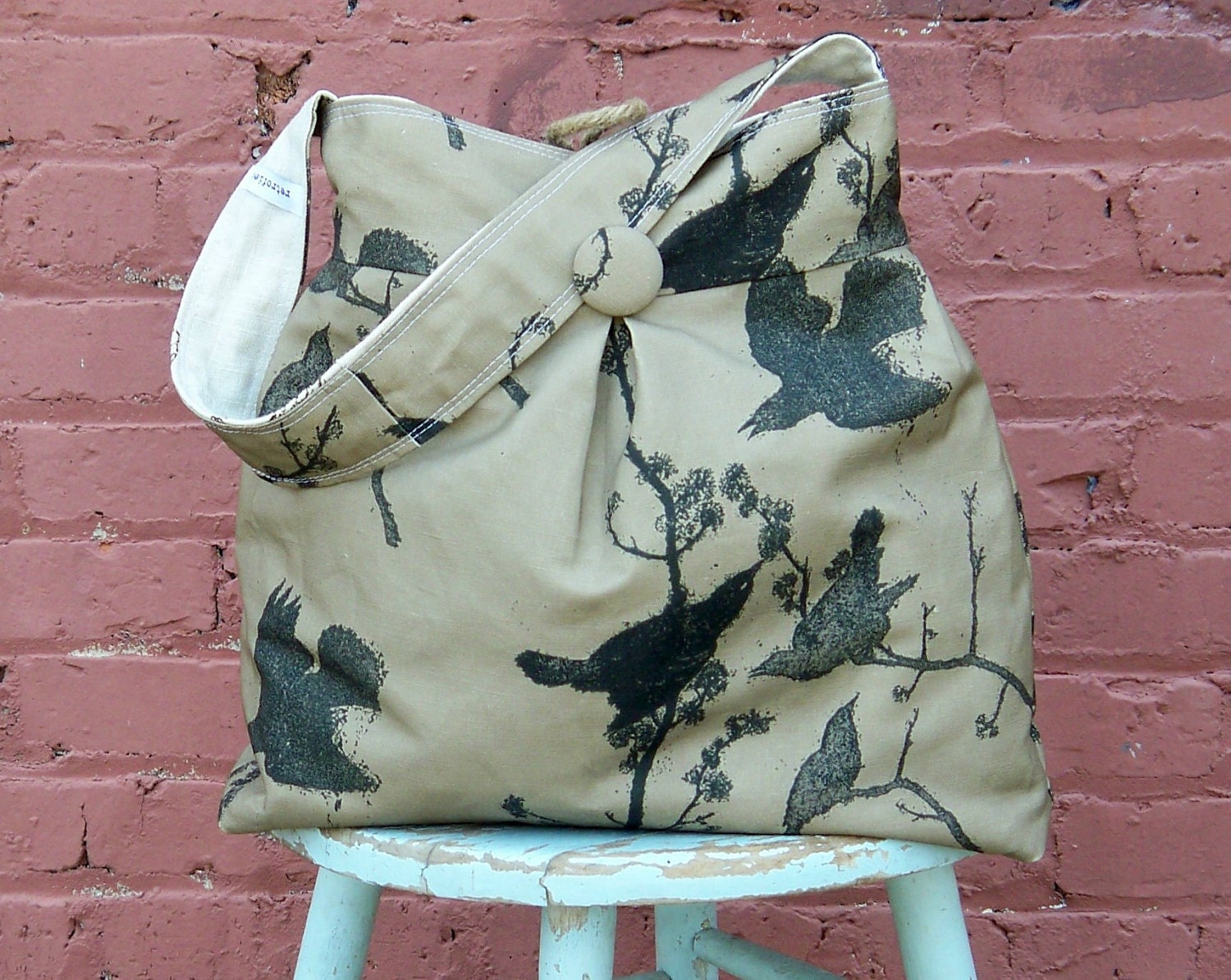 Dragonfly Bag Large Reversible Hobo Bag - - Tea Stained Dragonflies and Black Birds
