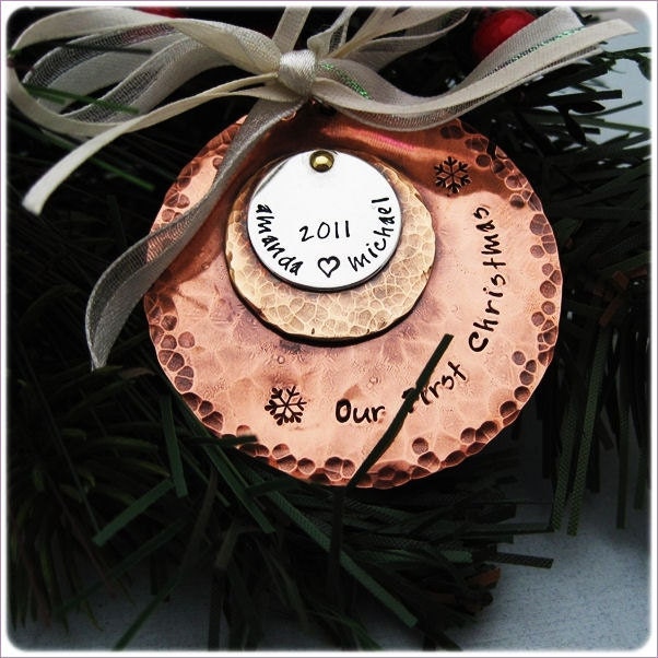 Christmas Ornament - Hand Stamped  -  Personalized -  Mixed Metals - First Christmas