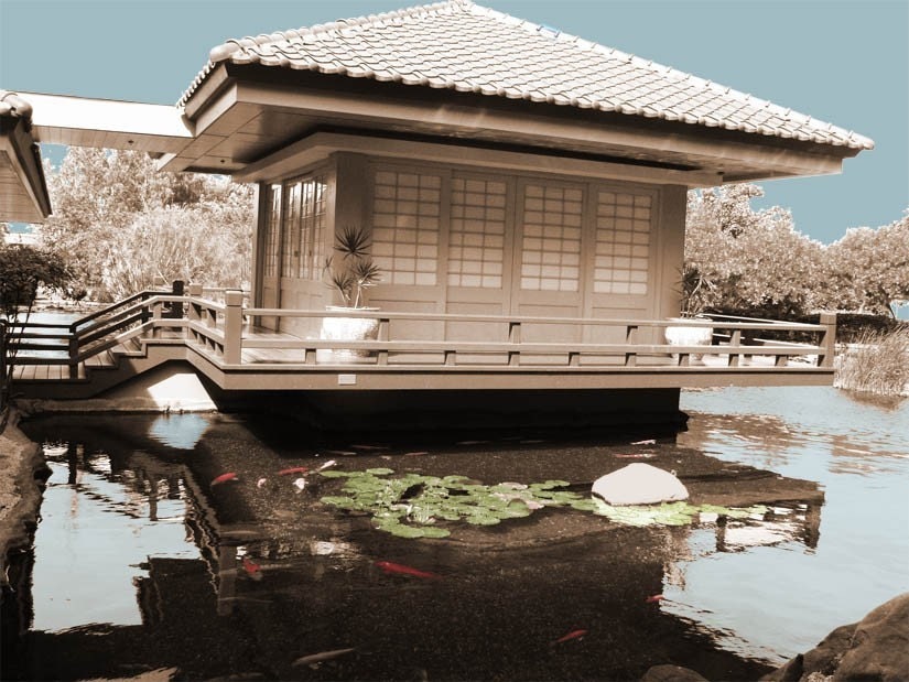 Japanese Tea HOuse w Koi tsunami photography print