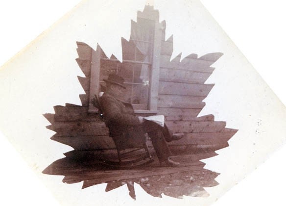 Man Reads Paper on Porch Leaf Pattern Design 1900