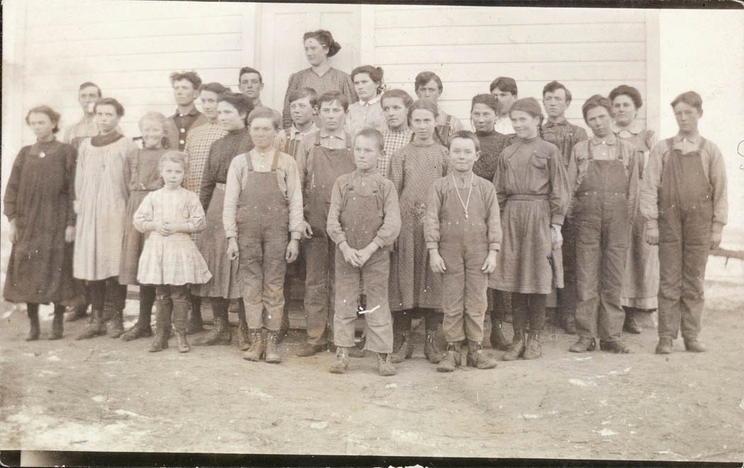 vintage photo Rural School Children Poor Farm Kids in front of School RPPC