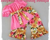 Custom Boutique Girl Clothing Pink Peasant Dress Top Flower Floral Ruffled Pant Outfit Set 3 6 9 12 18 24 month 2T 2 3T 3 4T 4 5T 5 6 7 8