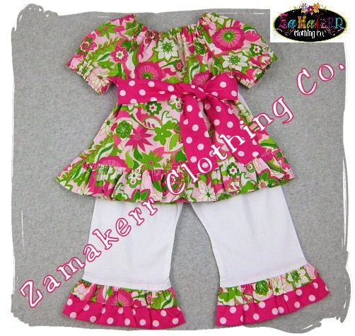 Custom Boutique Clothing Floral Peasant Dress Top White Ruffle Pant Bottom Outfit Set 3 6 9 12 18 24 month size 2T 2 3T 3 4T 4 5T 5 6 7 8