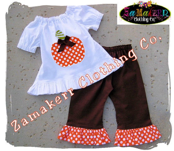 Fall Thanksgiving Pumpkin Outfit Custom Boutique Clothing Peasant Top Ruffle Pant Set 3 6 9 12 18 24 month size 2T 2 3T 3 4T 4 5T 5 6 7 8