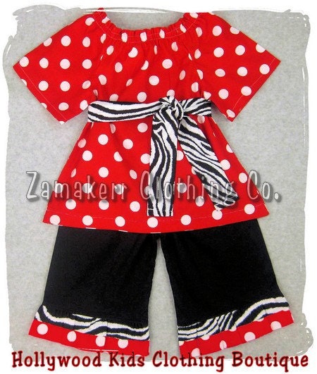 Custom Boutique Clothing Red Polka Zebra Peasant Dress Top Black Ruffle Pant Outfit Set 3 6 9 12 18 24 month size 2T 2 3T 3 4T 4 5T 5 6 7 8